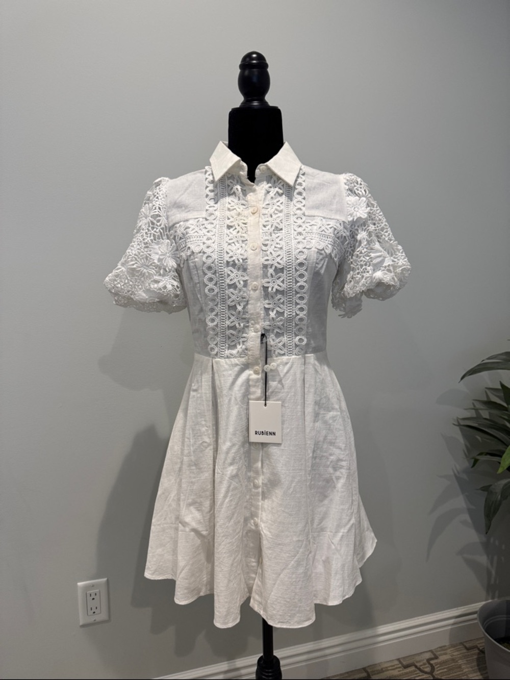 White Lace Button-Front Mini Dress